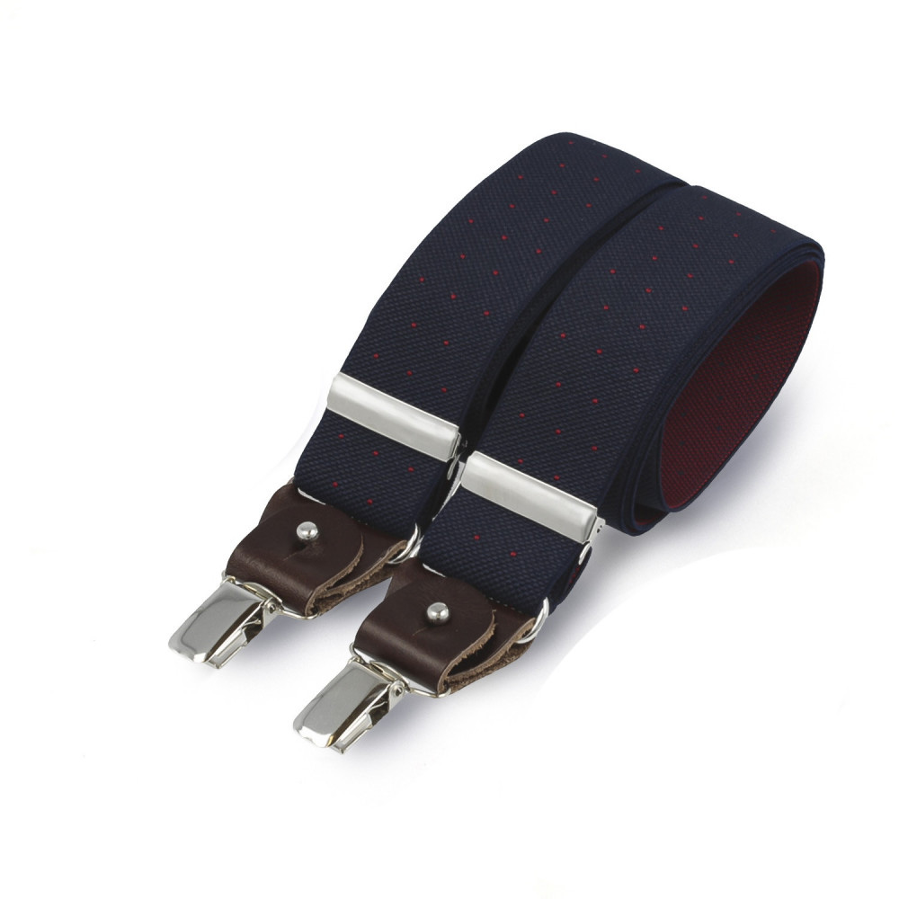 BERTELLES Brede Clip-On Bretels Met Leren Details - Marineblauw Met Rode Stippen