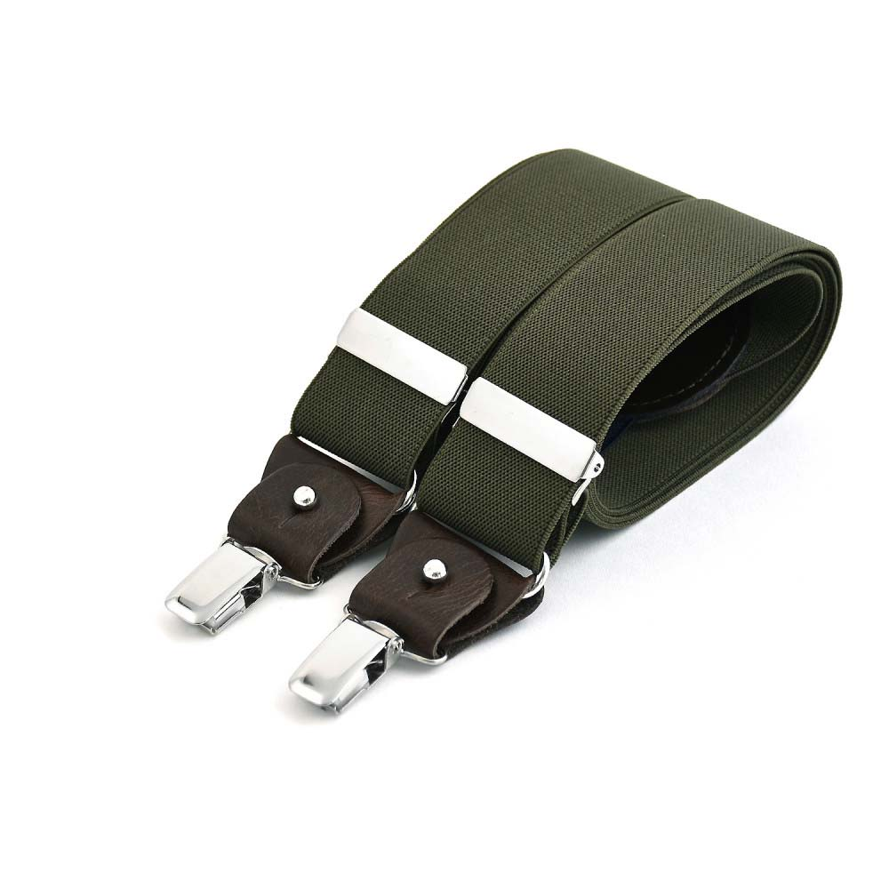 BERTELLES Brede Clip-On Bretels Met Leren Details - Donkerkhaki
