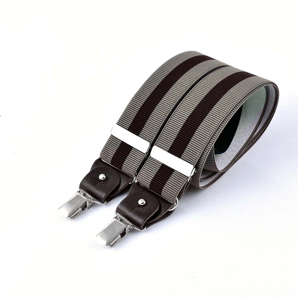 BERTELLES Clip-On Bretels Met Leren Details - Donkerrode Streep Op Beige