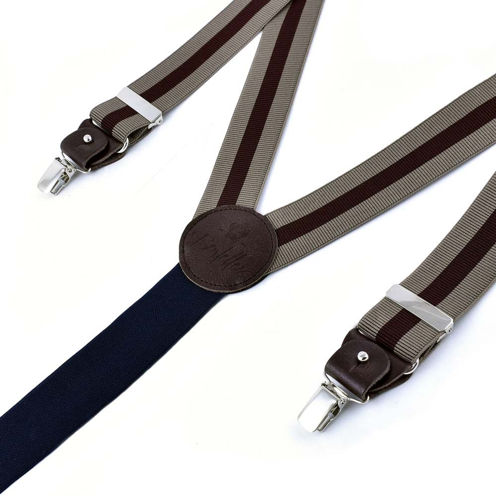BERTELLES Clip-On Bretels Met Leren Details - Donkerrode Streep Op Beige - Afbeelding 2